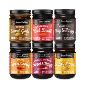 picture of all 6 sauces for you to select the flavors you want to buy in the Saucy 6 Pack