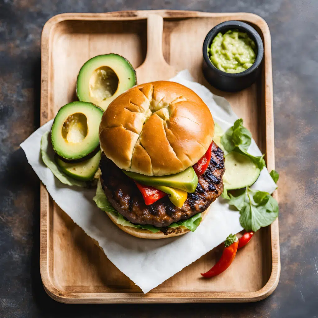 cutting board with a Latin Heat Chorizo Burger and avocados