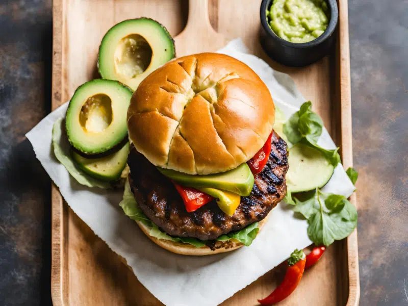 cutting board with a Latin Heat Chorizo Burger and avocados