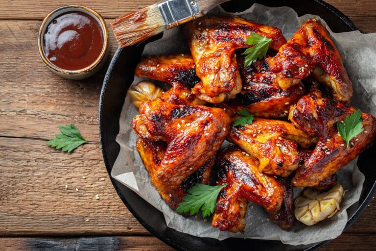 Sweet & Spicy Chicken wings on a plate with extra sauce for dipping