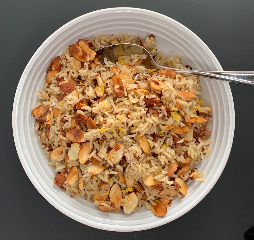 bowl of almond rice pilaf