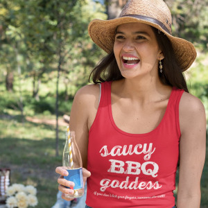 girl in saucy bbq goddess red tank