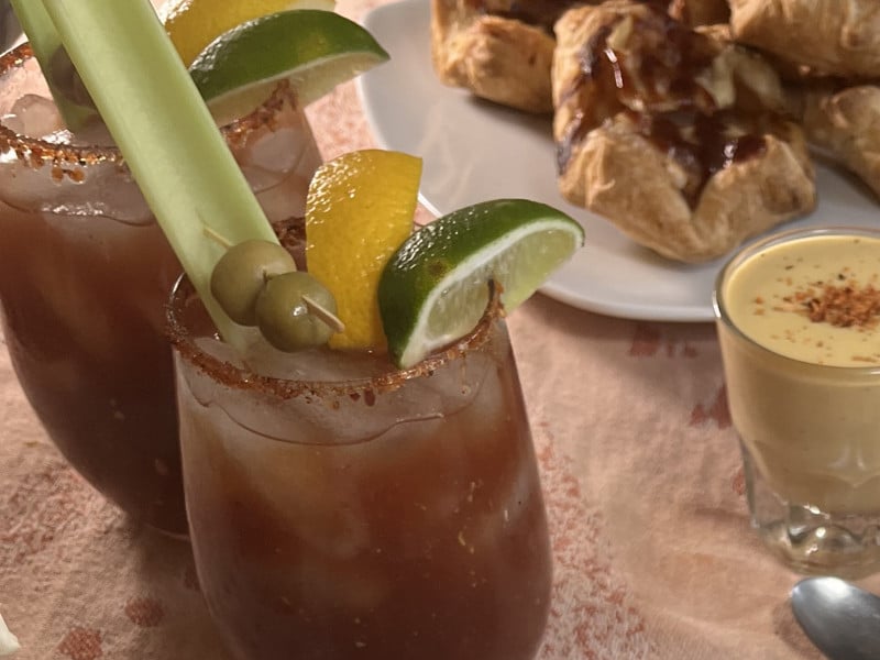 glass of big tangy black pepper bloody mary