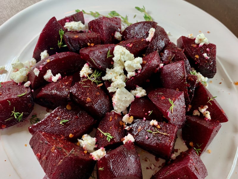 plate of roasted beets with goat cheese