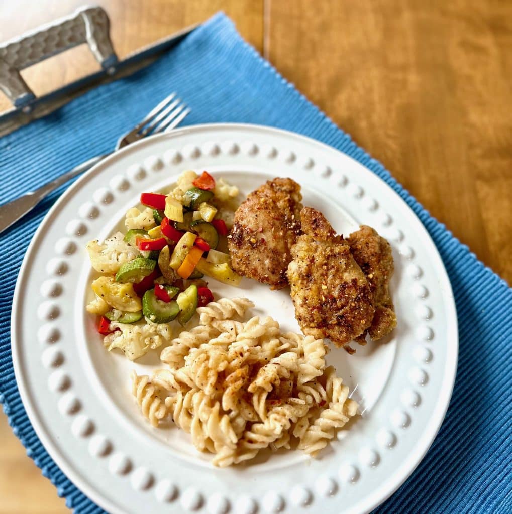 Modern Day TV Dinner with chicken, noodles and veggies